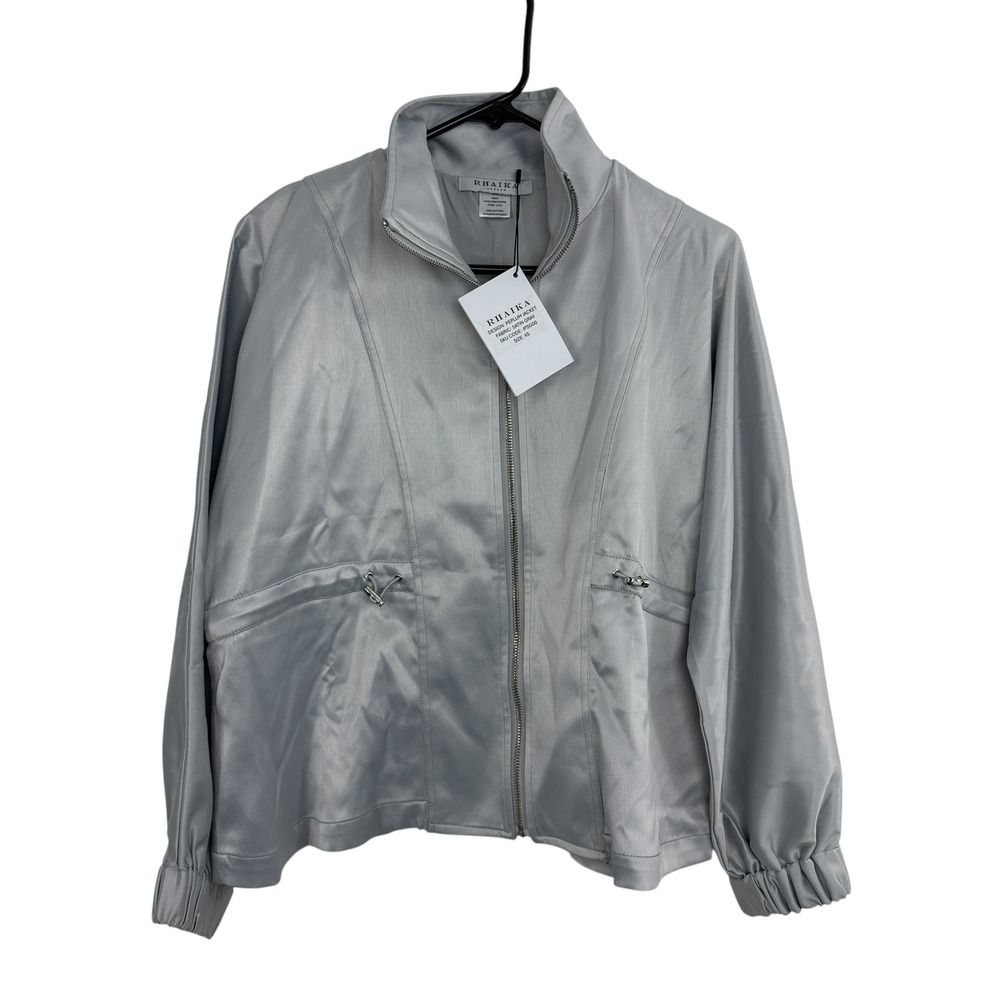 Rhaika Peplum Jacket Womens Medium Gray Satin Crepe Full Zip Long Sleeve *